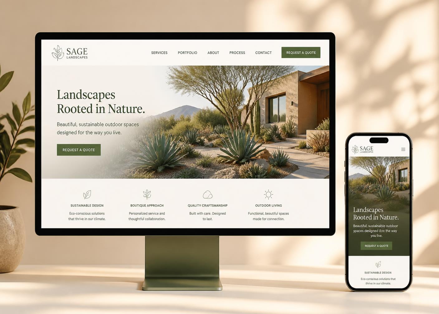 A local landscaping business website shown on a desktop monitor and a smartphone